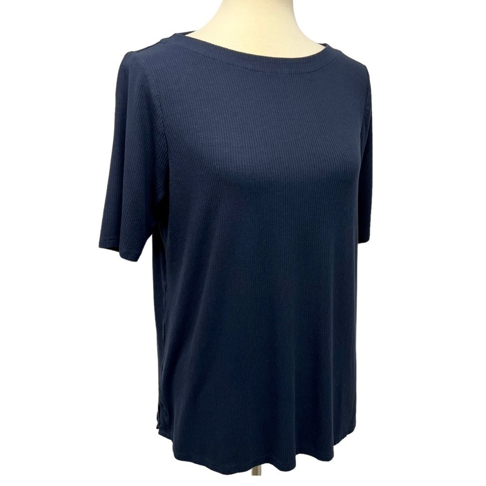 J. Jill Wearever Collection Navy Ribbed Short Sleeve Travel Friendly Top Medium - Picture 6 of 8